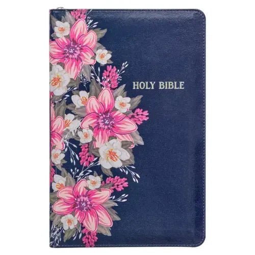 KJV Holy Bible Standard Size Faux Leather Red Letter Edition Thumb Index & Ribbon Marker, King James Version, Blue Floral, Zipper Closure - Leather - iShook Books