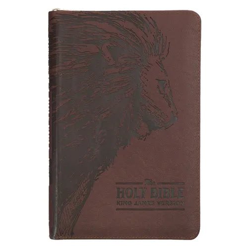 KJV Holy Bible, Standard Size Faux Leather Red Letter Edition - Thumb Index & Ribbon Marker, King James Version, Brown Lion Zipper Closure - Leather - iShook Books