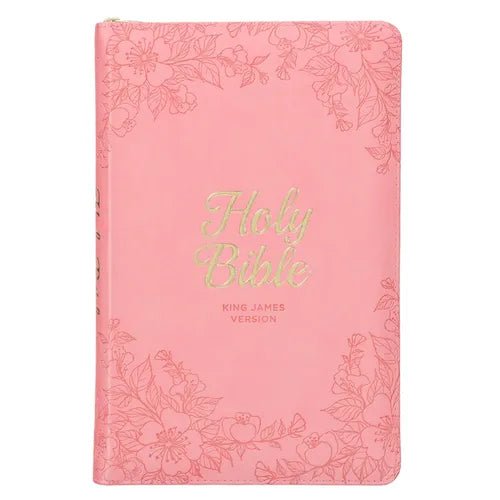 KJV Holy Bible, Standard Size Faux Leather Red Letter Edition - Thumb Index & Ribbon Marker, King James Version, Pink Floral Zipper Closure - Leather - iShook Books
