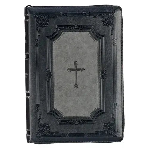 KJV Holy Bible, Super Giant Print Faux Leather Red Letter Edition - Thumb Index & Ribbon Marker, King James Version, Gray/Black - Leather - iShook Books