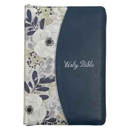 KJV Holy Bible, Thinline Large Print Faux Leather Red Letter Edition Thumb Index Ribbon Marker, King James Version, Blue Printed Floral, Zipper Closur - Leather - iShook Books